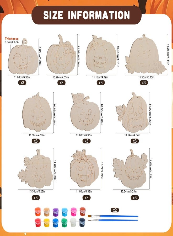 DoubleFill مجموعة دبل فيل لصنع زينة اليقطين للهالوين، 30 قطعة، زينة خشبية غير مكتملة على شكل يقطين مع فرش طلاء، 10 شرائح خشبية بتصاميم هالوين مميزة، مثالية للأنشطة الفنية والحرف اليدوية ولوازم الحفلات. - Image 2